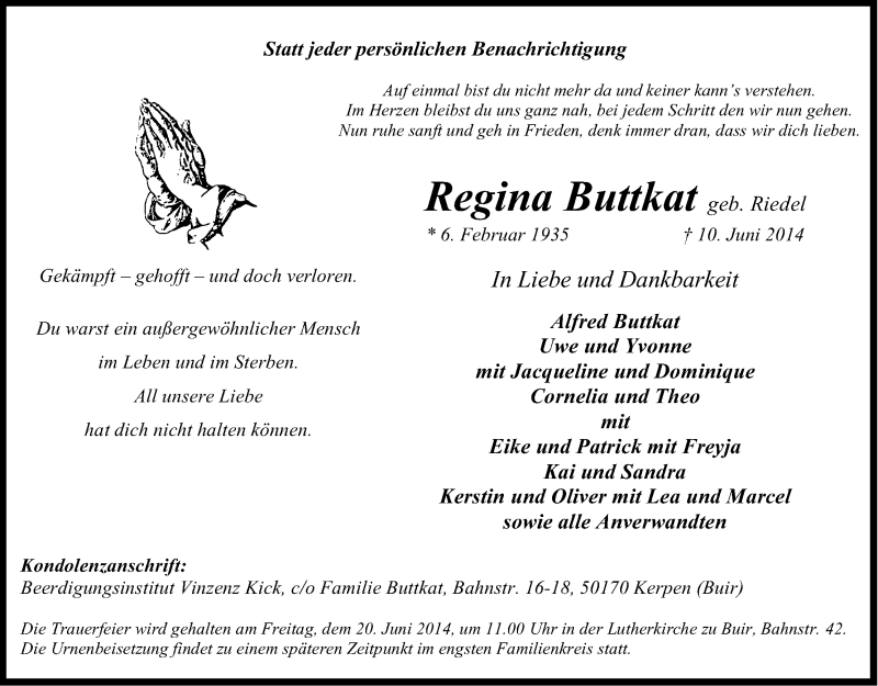  Traueranzeige für Regina Buttkat vom 14.06.2014 aus Kölner Stadt-Anzeiger / Kölnische Rundschau / Express