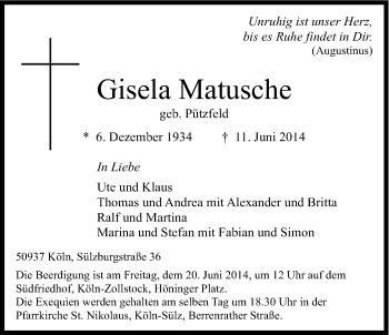 Anzeige von Gisela Matusche von Kölner Stadt-Anzeiger / Kölnische Rundschau / Express