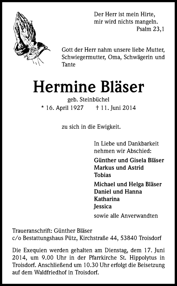  Traueranzeige für Hermine Bläser vom 14.06.2014 aus Kölner Stadt-Anzeiger / Kölnische Rundschau / Express