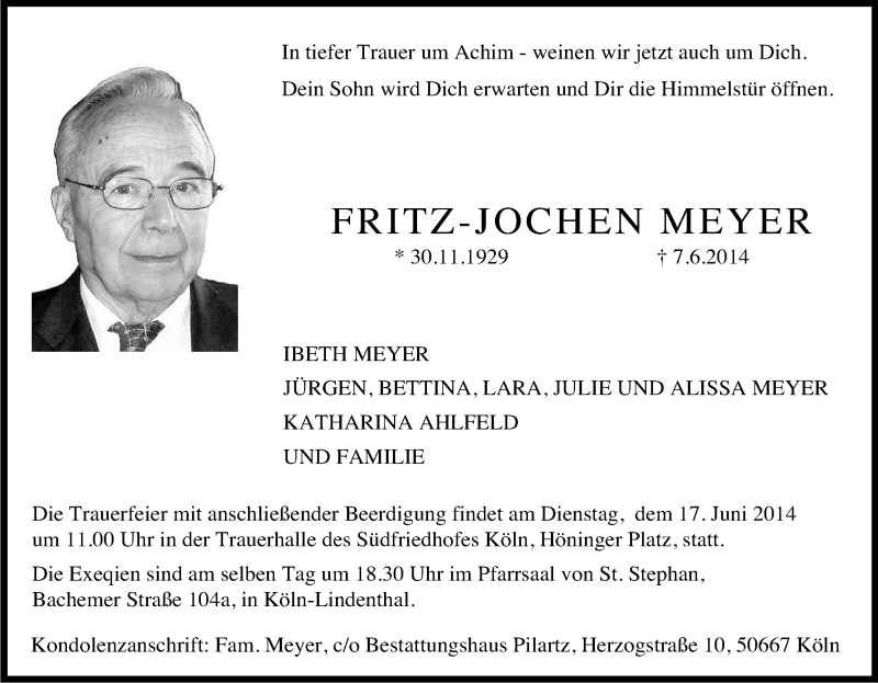  Traueranzeige für Fritz-Jochen Meyer vom 14.06.2014 aus Kölner Stadt-Anzeiger / Kölnische Rundschau / Express