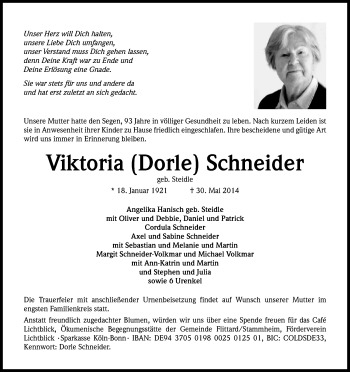 Anzeige von Viktoria Schneider von Kölner Stadt-Anzeiger / Kölnische Rundschau / Express