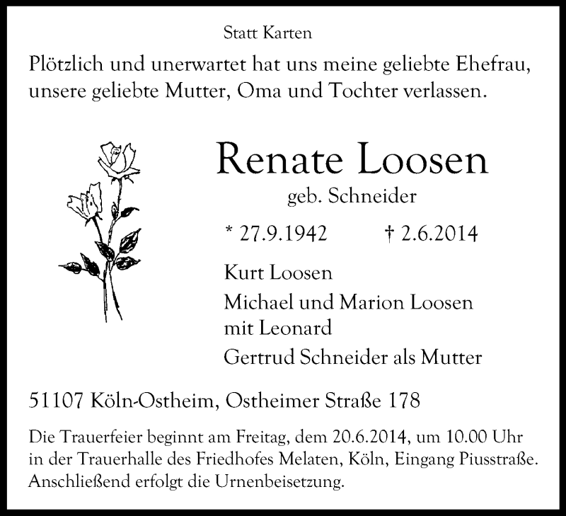  Traueranzeige für Renate Loosen vom 17.06.2014 aus Kölner Stadt-Anzeiger / Kölnische Rundschau / Express