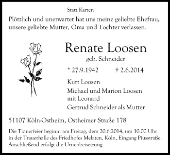 Anzeige von Renate Loosen von Kölner Stadt-Anzeiger / Kölnische Rundschau / Express