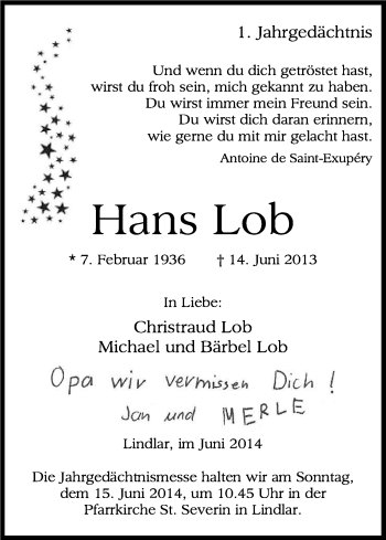 Anzeige von Hans Lob von Kölner Stadt-Anzeiger / Kölnische Rundschau / Express