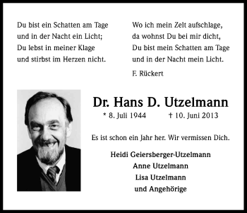 Anzeige von Hans Utzelmann von Kölner Stadt-Anzeiger / Kölnische Rundschau / Express