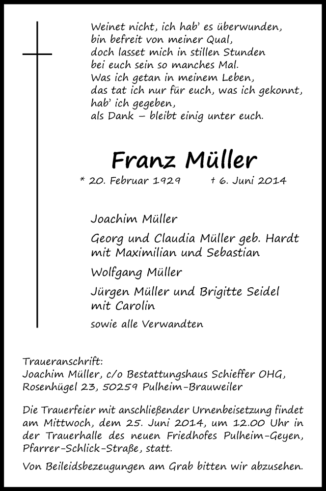  Traueranzeige für Frartz Müller vom 14.06.2014 aus Kölner Stadt-Anzeiger / Kölnische Rundschau / Express