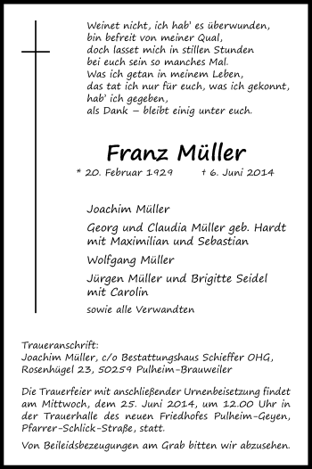 Anzeige von Frartz Müller von Kölner Stadt-Anzeiger / Kölnische Rundschau / Express