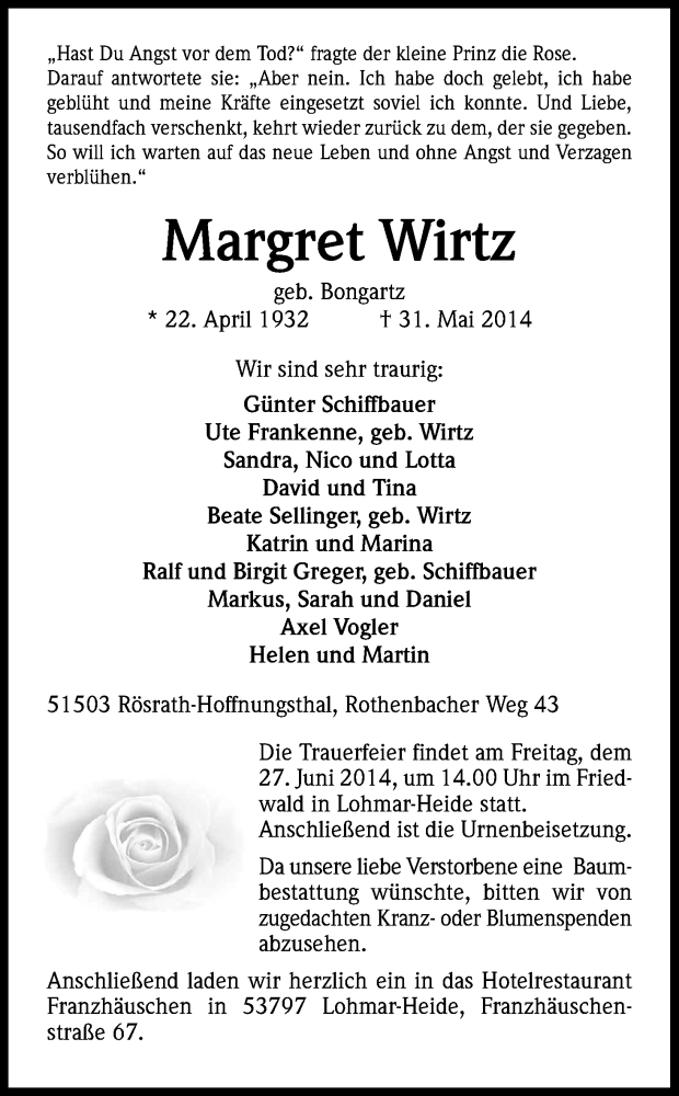  Traueranzeige für Margret Wirtz vom 21.06.2014 aus Kölner Stadt-Anzeiger / Kölnische Rundschau / Express