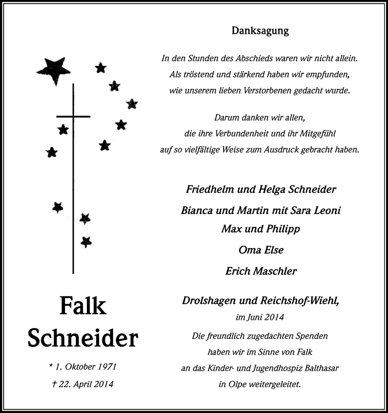  Traueranzeige für Falk Schneider vom 14.06.2014 aus Kölner Stadt-Anzeiger / Kölnische Rundschau / Express