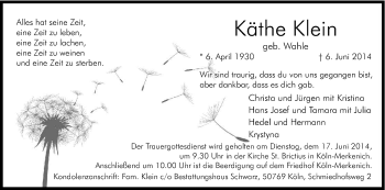 Anzeige von Käthe Klein von Kölner Stadt-Anzeiger / Kölnische Rundschau / Express