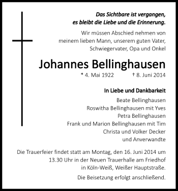 Anzeige von Johannes Bellinghausen von Kölner Stadt-Anzeiger / Kölnische Rundschau / Express