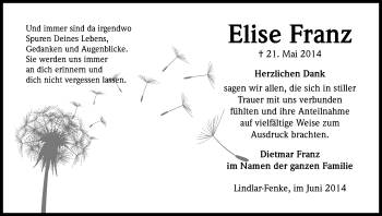 Anzeige von Elise Franz von Kölner Stadt-Anzeiger / Kölnische Rundschau / Express