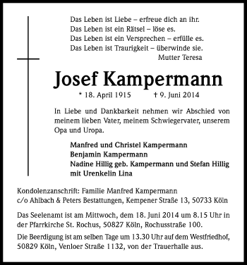 Anzeige von Josef Kampermann von Kölner Stadt-Anzeiger / Kölnische Rundschau / Express