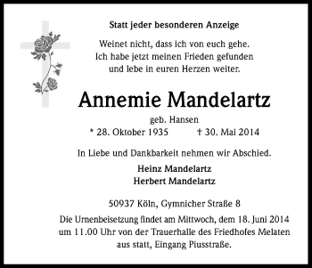 Anzeige von Annemie Mandelartz von Kölner Stadt-Anzeiger / Kölnische Rundschau / Express