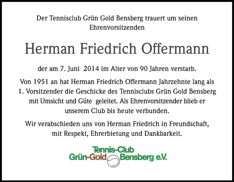  Traueranzeige für Herman Friedrich Offermann vom 14.06.2014 aus Kölner Stadt-Anzeiger / Kölnische Rundschau / Express
