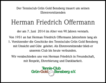 Anzeige von Herman Friedrich Offermann von Kölner Stadt-Anzeiger / Kölnische Rundschau / Express