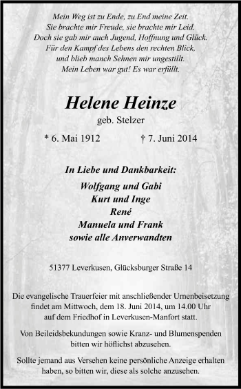 Anzeige von Helene Heinze von Kölner Stadt-Anzeiger / Kölnische Rundschau / Express
