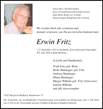 Anzeige von Erwin Fritz von Kölner Stadt-Anzeiger / Kölnische Rundschau / Express