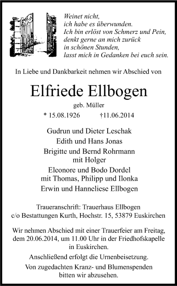 Anzeige von Elfriede Ellbogen von Kölner Stadt-Anzeiger / Kölnische Rundschau / Express