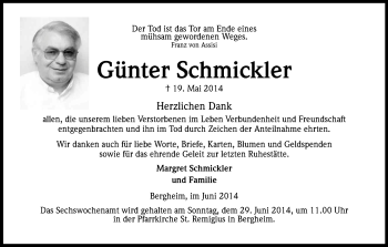 Anzeige von Günter Schmickler von Kölner Stadt-Anzeiger / Kölnische Rundschau / Express