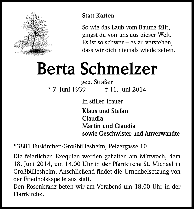  Traueranzeige für Berta Schmelzer vom 14.06.2014 aus Kölner Stadt-Anzeiger / Kölnische Rundschau / Express