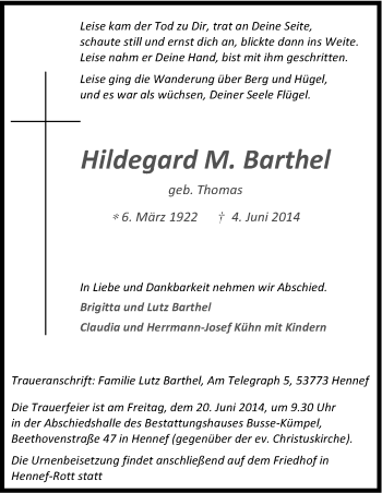 Anzeige von Hildegard Barthel von Kölner Stadt-Anzeiger / Kölnische Rundschau / Express