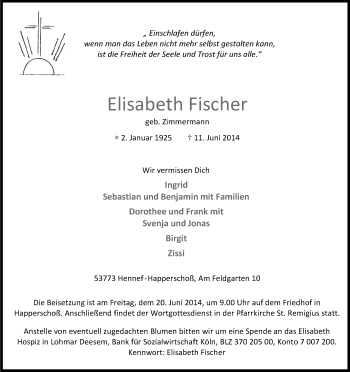 Anzeige von Elisabeth Fischer von Kölner Stadt-Anzeiger / Kölnische Rundschau / Express