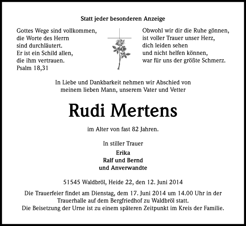  Traueranzeige für Rudi Mertens vom 14.06.2014 aus Kölner Stadt-Anzeiger / Kölnische Rundschau / Express