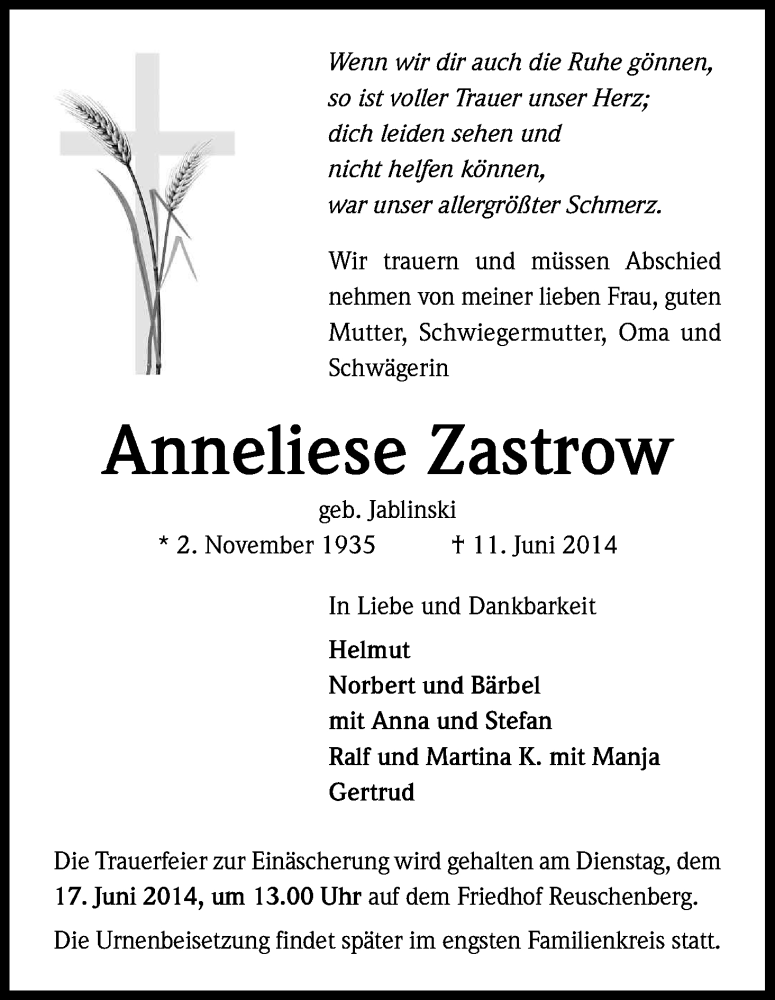  Traueranzeige für Anneliese Zastrow vom 14.06.2014 aus Kölner Stadt-Anzeiger / Kölnische Rundschau / Express