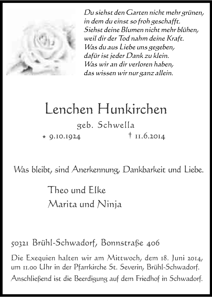  Traueranzeige für Lenchen Hunkirchen vom 14.06.2014 aus Kölner Stadt-Anzeiger / Kölnische Rundschau / Express
