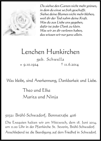 Anzeige von Lenchen Hunkirchen von Kölner Stadt-Anzeiger / Kölnische Rundschau / Express