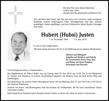 Anzeige von Hubert Justen von Kölner Stadt-Anzeiger / Kölnische Rundschau / Express