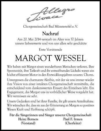 Anzeige von Margot Wessel von Kölner Stadt-Anzeiger / Kölnische Rundschau / Express