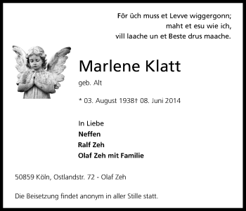 Anzeige von Marlene Klatt von Kölner Stadt-Anzeiger / Kölnische Rundschau / Express