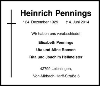 Anzeige von Heinrich Pennings von Kölner Stadt-Anzeiger / Kölnische Rundschau / Express