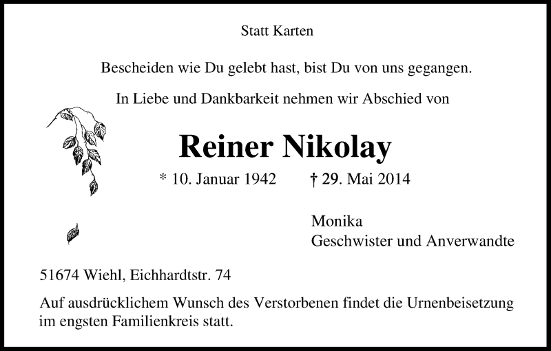  Traueranzeige für Reiner Nikolay vom 14.06.2014 aus Kölner Stadt-Anzeiger / Kölnische Rundschau / Express