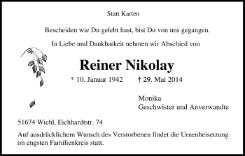 Anzeige von Reiner Nikolay von Kölner Stadt-Anzeiger / Kölnische Rundschau / Express