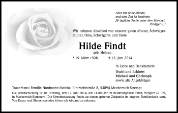 Anzeige von Hilde Findt von Kölner Stadt-Anzeiger / Kölnische Rundschau / Express