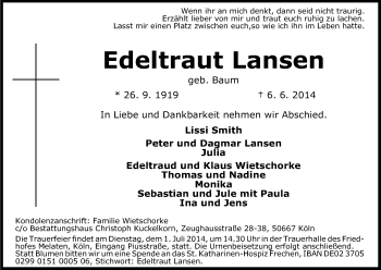 Anzeige von Edeltraud Lansen von Kölner Stadt-Anzeiger / Kölnische Rundschau / Express