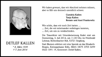 Anzeige von Detlef Kallen von Kölner Stadt-Anzeiger / Kölnische Rundschau / Express