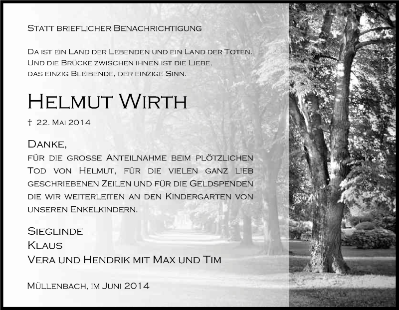  Traueranzeige für Helmut Wirth vom 18.06.2014 aus Kölner Stadt-Anzeiger / Kölnische Rundschau / Express