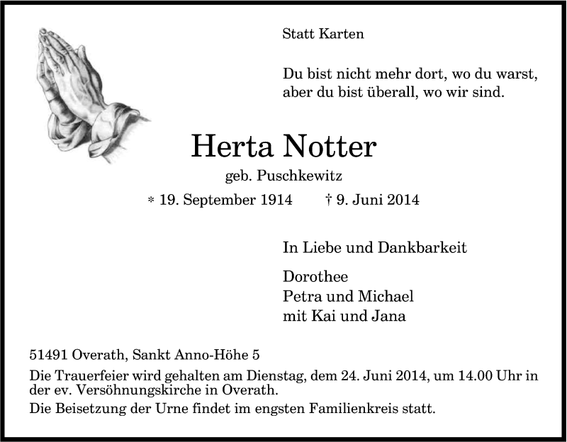 Traueranzeige für Herta Notter vom 18.06.2014 aus Kölner Stadt-Anzeiger / Kölnische Rundschau / Express