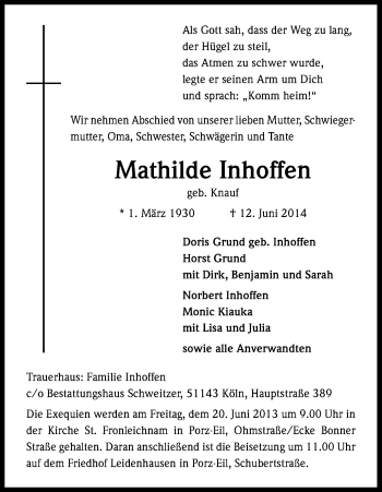 Anzeige von Mathilde Inhoffen von Kölner Stadt-Anzeiger / Kölnische Rundschau / Express