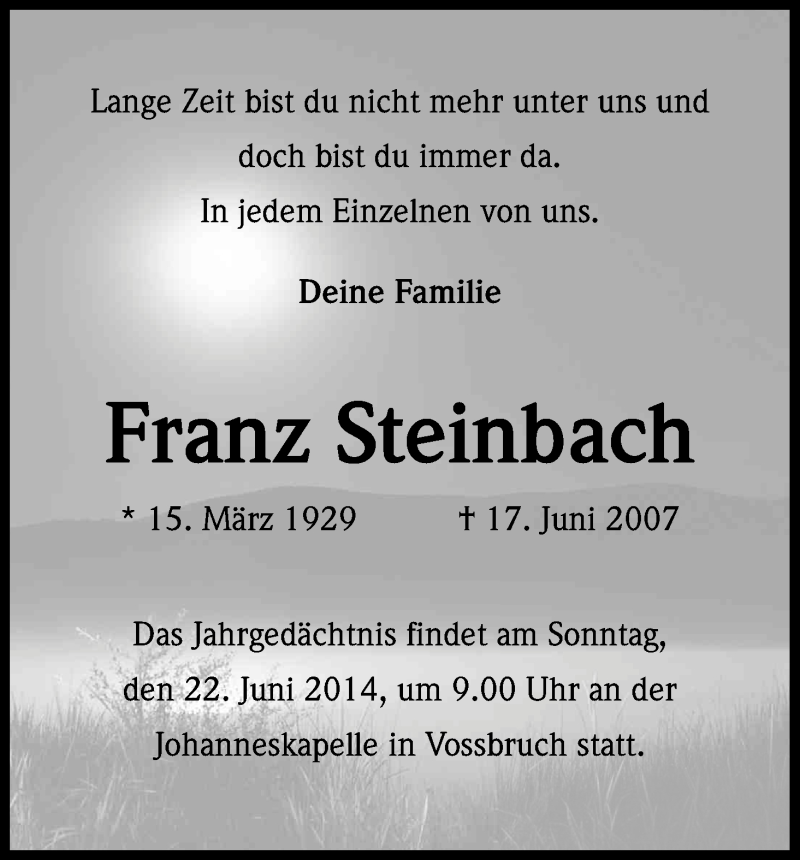  Traueranzeige für Franz Steinbach vom 17.06.2014 aus Kölner Stadt-Anzeiger / Kölnische Rundschau / Express