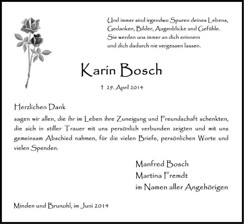  Traueranzeige für Karin Bosch vom 14.06.2014 aus Kölner Stadt-Anzeiger / Kölnische Rundschau / Express