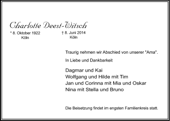 Anzeige von Charlotte Deest-Witsch von Kölner Stadt-Anzeiger / Kölnische Rundschau / Express