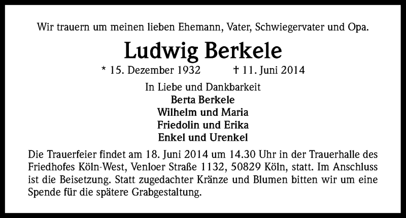  Traueranzeige für Ludwig Berkele vom 16.06.2014 aus Kölner Stadt-Anzeiger / Kölnische Rundschau / Express