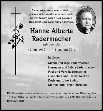 Anzeige von Hanne Alberta Radermacher von Kölner Stadt-Anzeiger / Kölnische Rundschau / Express