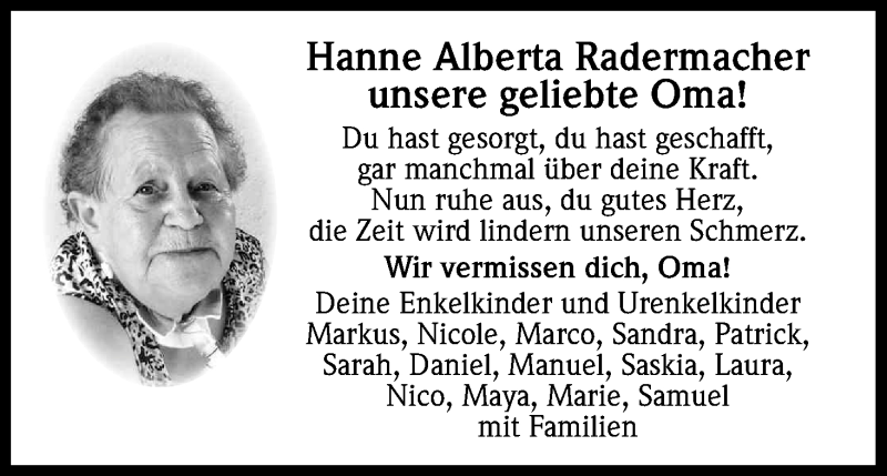  Traueranzeige für Hanne Alberta Radermacher vom 16.06.2014 aus Kölner Stadt-Anzeiger / Kölnische Rundschau / Express