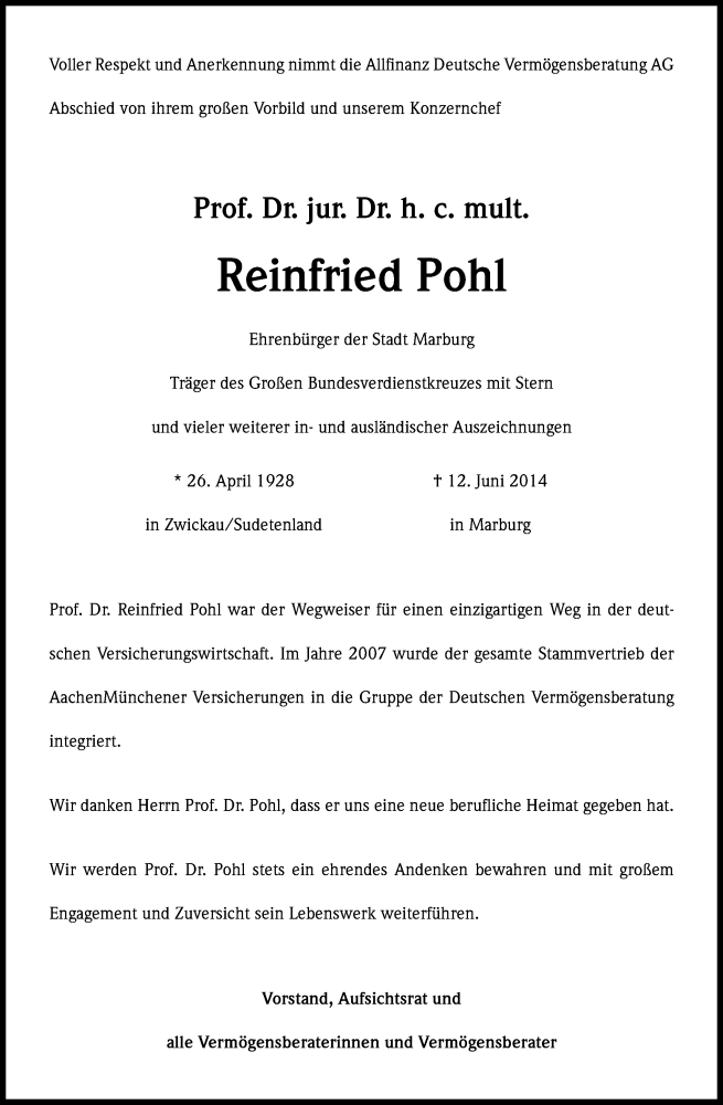 Traueranzeige für Reinfried Pohl vom 17.06.2014 aus Kölner Stadt-Anzeiger / Kölnische Rundschau / Express